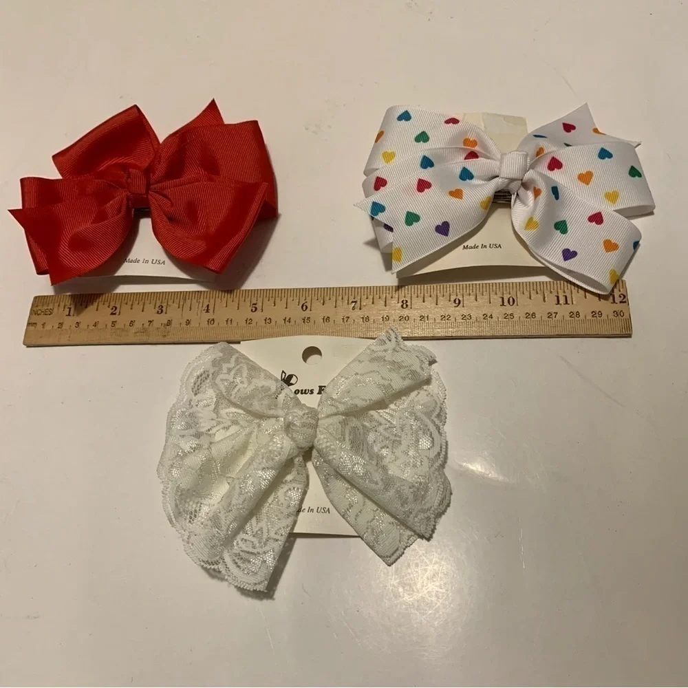 BOWS ETC. three vintage bow hair barrettes white lace red white hearts new